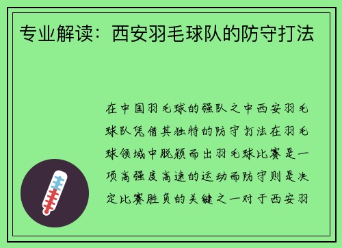 专业解读：西安羽毛球队的防守打法
