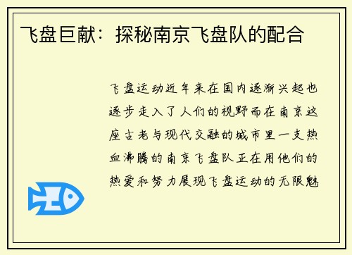 飞盘巨献：探秘南京飞盘队的配合