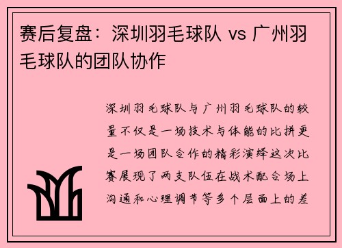 赛后复盘：深圳羽毛球队 vs 广州羽毛球队的团队协作